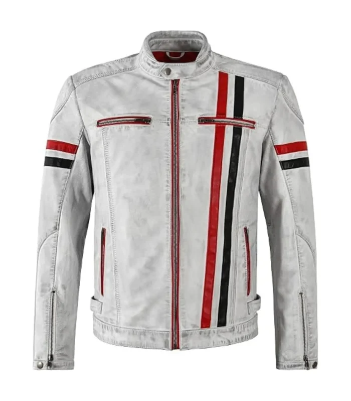 Mens Cafe Racer Vintage White Biker Red Black Stripes Genuine Leather Jacket